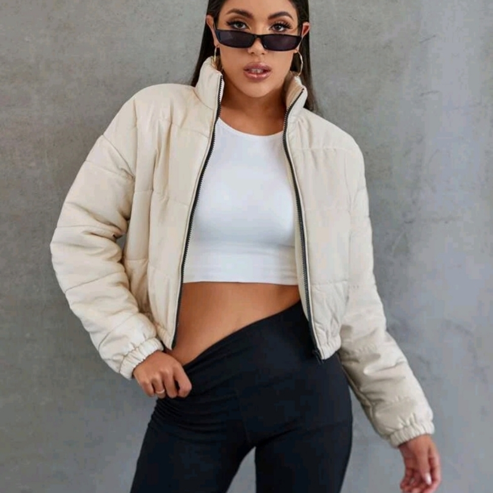 Beige-White Zip Up Puffer Jacket